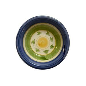 Gibson 8” Bowl Blue Rim Green Border Yellow Swirl Leaf Hand Painted - READ